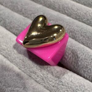 Hot Pink Resin Heart Ring w/ Gold Tone Heart – Size 6 Statement Ring
